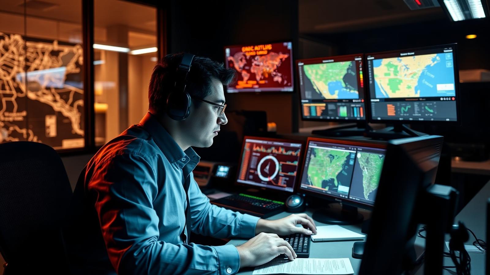 Dispatcher working at multi-monitor desk